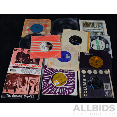 Collection 15 Vintage Vinyl Seven Inch Single Records Including Two Beatles Titles, The Shadows, The Rolling Stones, Creedence and More