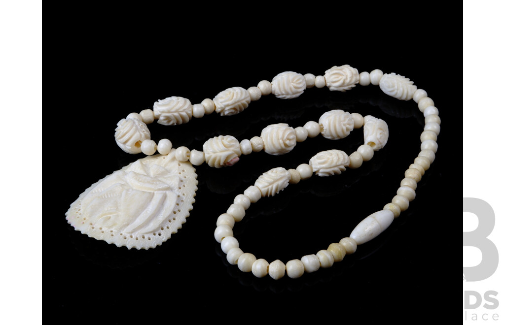 Vintage Ivory Hand Carved Pendant and Beaded Necklace, 42cm