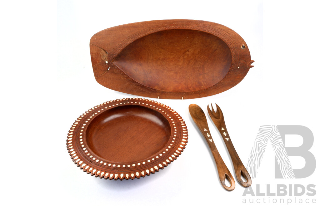 Collection Three Hand Carved Tribal Trobriand Island Including Fish Form Dish, Round Bowl with Mother of Pearl Inlay and More