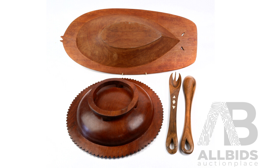 Collection Three Hand Carved Tribal Trobriand Island Including Fish Form Dish, Round Bowl with Mother of Pearl Inlay and More