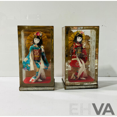 Pair of Vintage Japanese Geisha Dolls in Glass Case