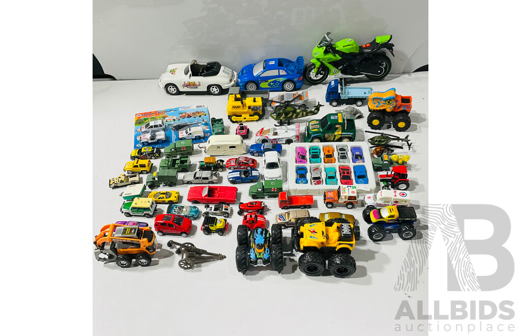 Collection of Diecast and Plastic Toy Cars and Other Vehicles