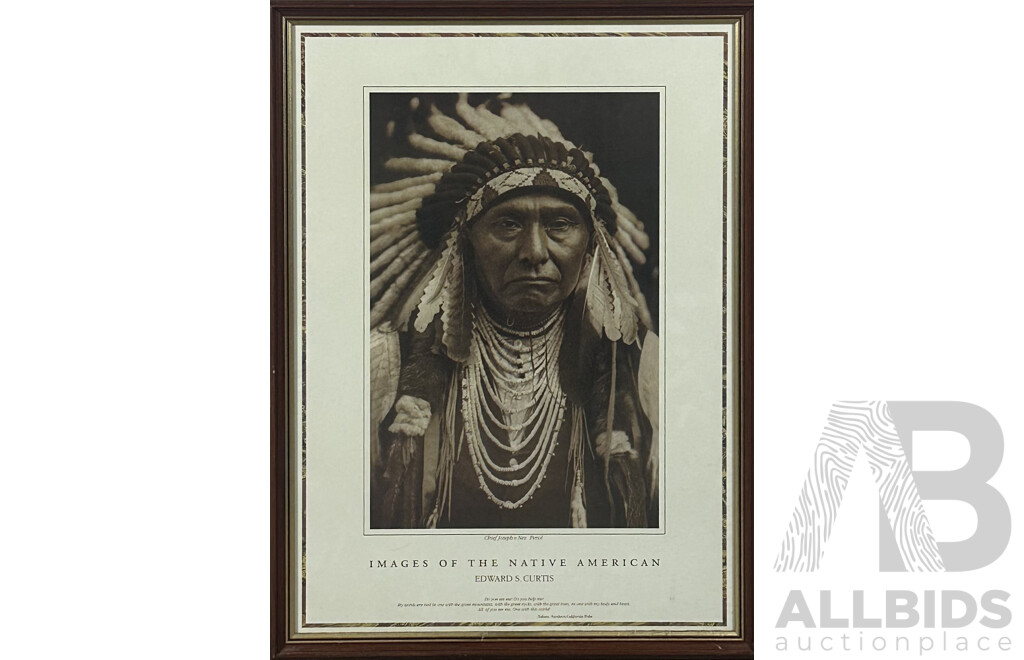 Edward S. Curtis, (American Photographer and Ethnologist, 1868-1952) Images of the Native American, Chief Joseph (Nez Perce' Tribe), Framed Reproduction Poster of the Original Photograph, 76.5 x 56 cm