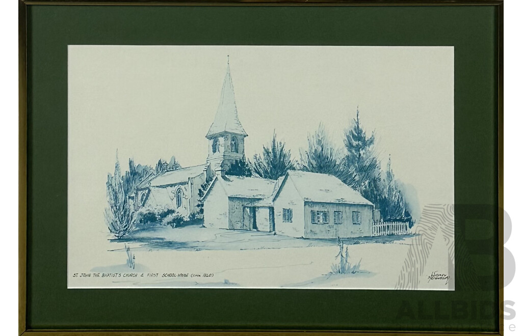 Sidney Neighbour, (Australian, Working C 1976), St.John the Baptist's Church & First School-House (circa 1840), Reproduction Copy of the Original Ink and Wash on Paper, 39 x 53.5 cm (frame)