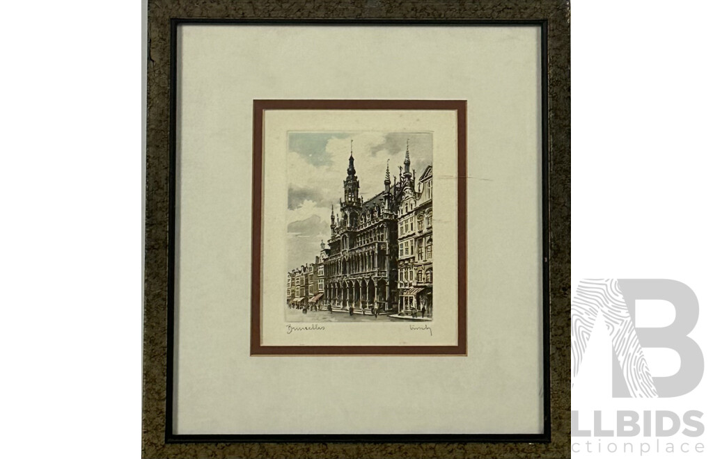 Bruxelles, Vintage Hand Coloured Etching, 31 x 28 cm (frame)