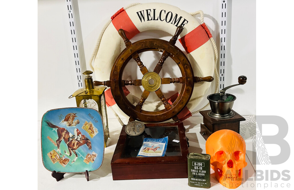 Gentlemen’s Lot of Naval and Other Items Including Phar Lap Commemorative Plate, Display Ships Wheel and More