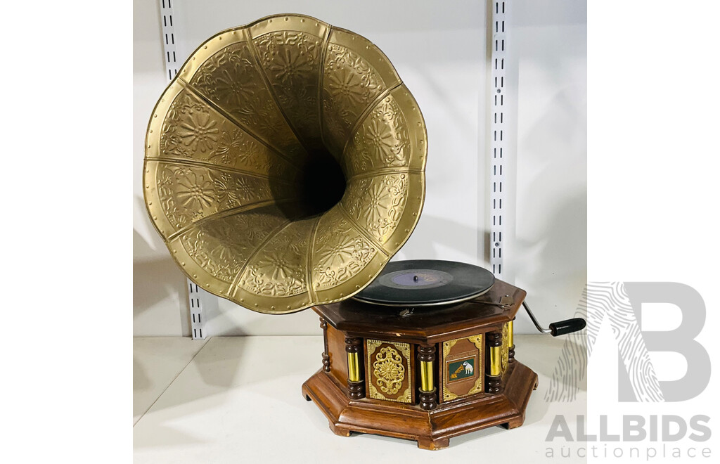 Reproduction Gramophone with Wooden Base and Tin Horn Including Record