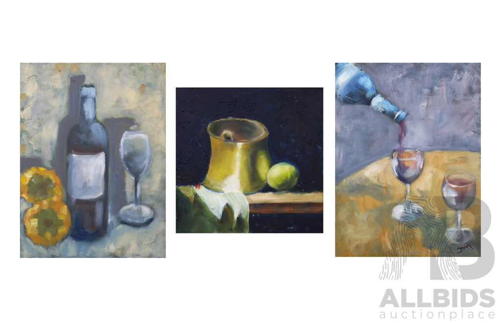 Martha Catalina Flores Guerra, (20th Century, Mexican), Collection of Three Still Lifes - Sharing Wine, Wine, Flowers, Glass and Fruit and Vase, Acrylic on Canvas (3)