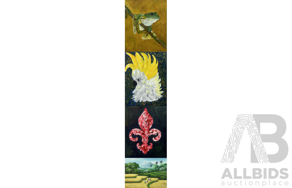 Martha Catalina Flores Guerra, (20th Century, Mexican), Collection of Four - Frog on Branch, Yellow Crested Cockatoo, Fleur De Lis and Workers in Rice Field, Acrylic on Canvas (4)