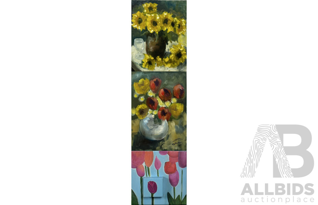 Martha Catalina Flores Guerra, (20th Century, Mexican), Collection of Three -Yellow Flowers with Glass, Red and Yellow Flowers and Abstract Tulips, Acrylic on Canvas (3)