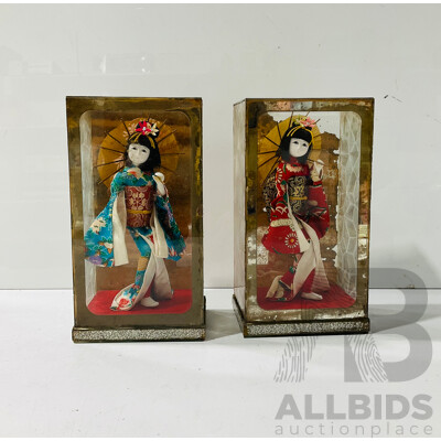 Pair of Vintage Japanese Geisha Dolls in Glass Case