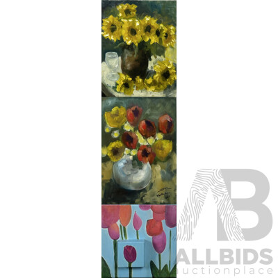 Martha Catalina Flores Guerra, (20th Century, Mexican), Collection of Three -Yellow Flowers with Glass, Red and Yellow Flowers and Abstract Tulips, Acrylic on Canvas (3)