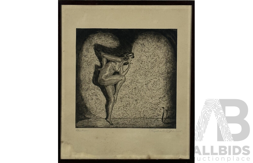 Artist Unknown (c. Late 19th Century/Early 20th Century), Naked Lady with Cobra, Ink Etching, 33.5 X 33 Cm