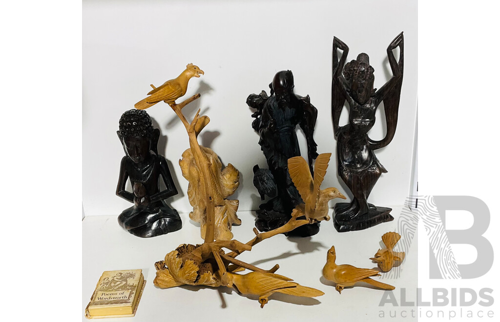 Collection Carved Asian and Australian Figures Including Birds, Macasser Ebony Buddha, Resin ShouLao, Wordsworth Book and More