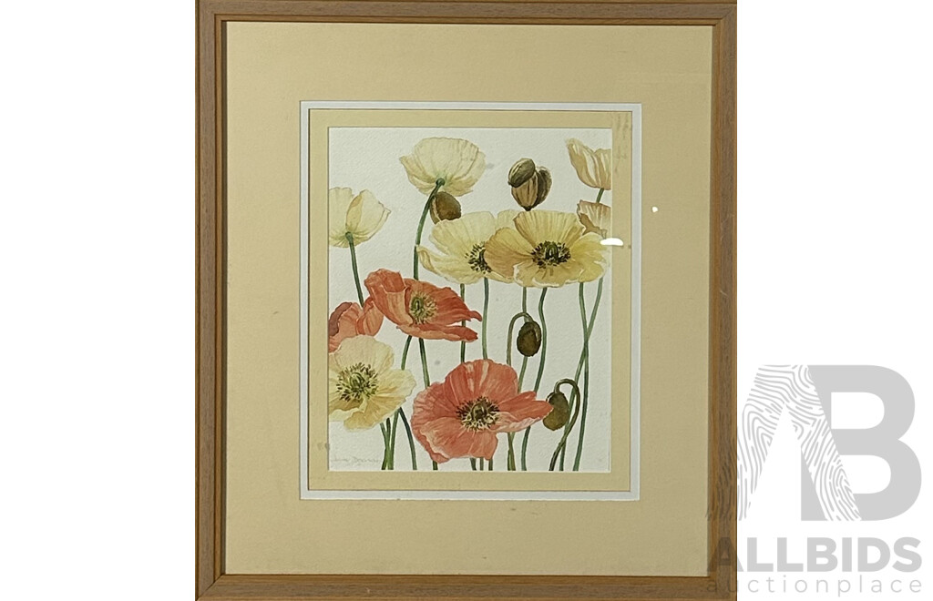 Jane Deerson (20th Century, Australian), Icelandic Poppies, Water Colour on Card, 62 x 55 cm (frame)