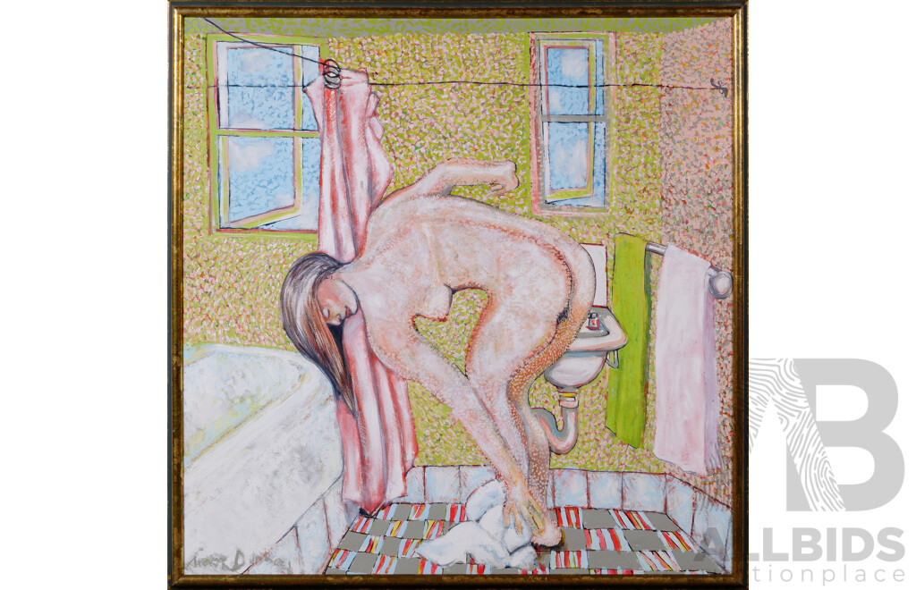 Trevor Dunbar, (20th Century, Australian), Woman Drying Herself After Bathing, Oil on Canvas Cloth