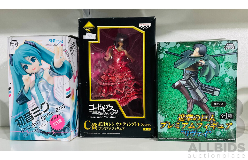 Collection of Three Anime and Anime Adjacent Figures From Attack on Titan, Code Geass and Hatsune Miku Figure