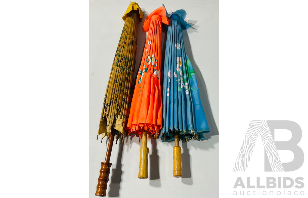 Collection of Three Japanese Parasols with Hand Painted Designs