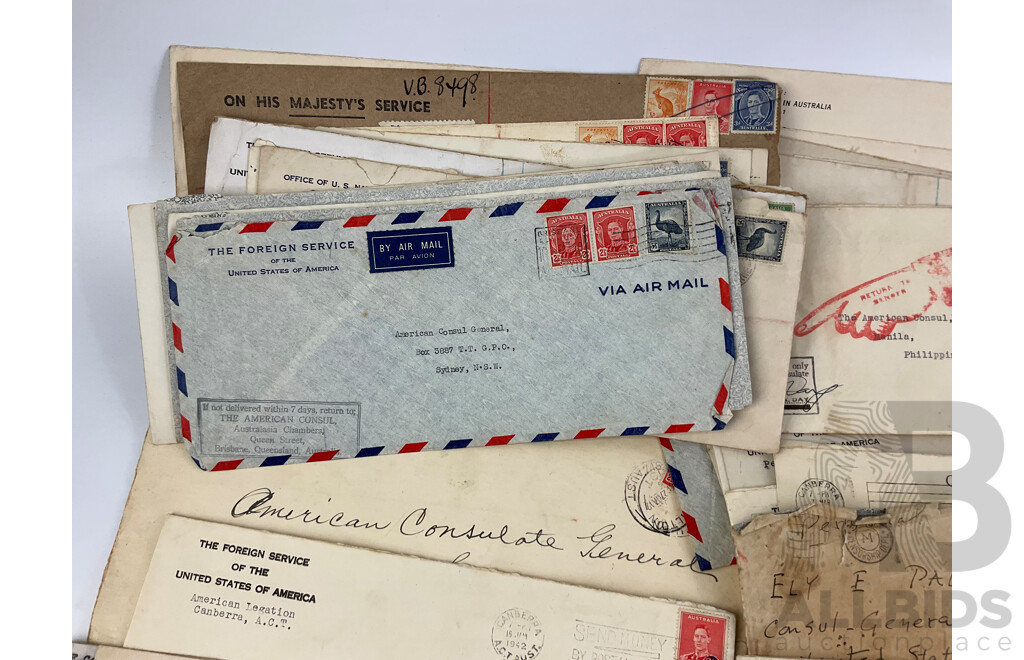 Collection of WW2 Letters Addressed to Consul General for USA, Includes Australia Overprint Stamps, Palestine, India, USA