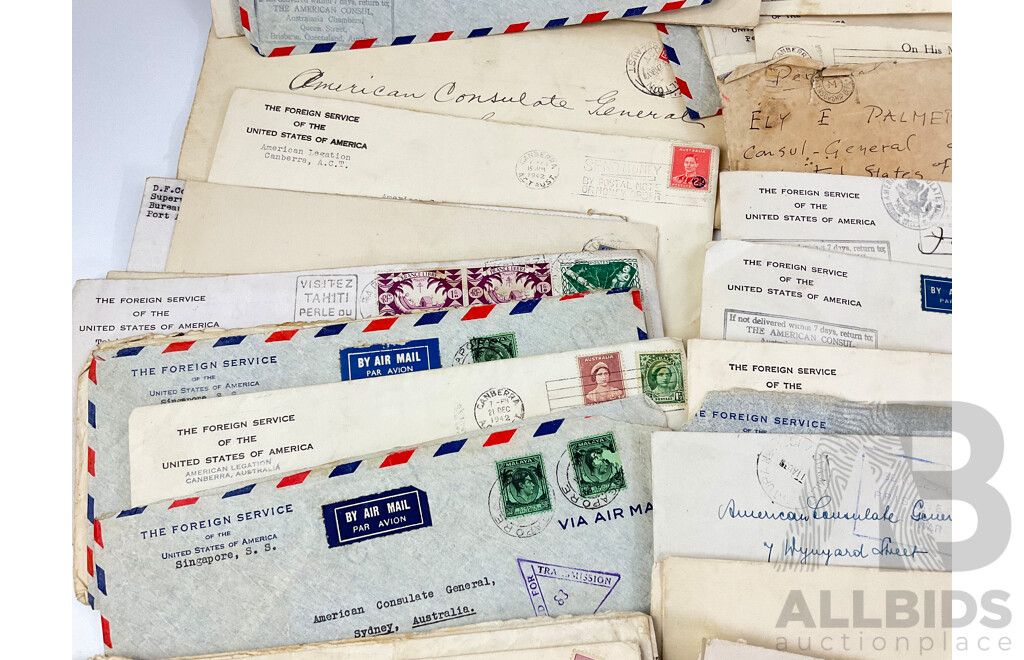 Collection of WW2 Letters Addressed to Consul General for USA, Includes Australia Overprint Stamps, Palestine, India, USA