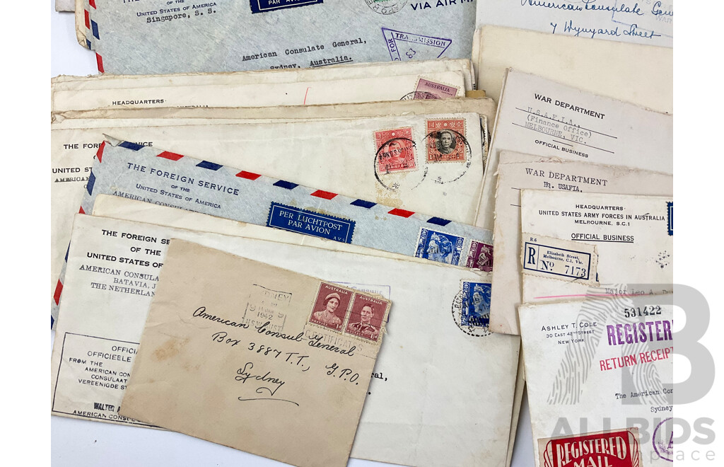 Collection of WW2 Letters Addressed to Consul General for USA, Includes Australia Overprint Stamps, Palestine, India, USA