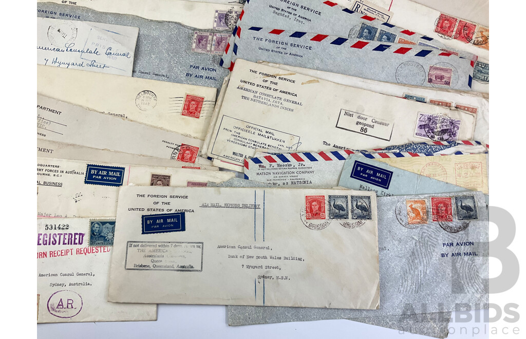 Collection of WW2 Letters Addressed to Consul General for USA, Includes Australia Overprint Stamps, Palestine, India, USA