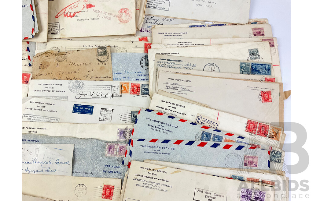 Collection of WW2 Letters Addressed to Consul General for USA, Includes Australia Overprint Stamps, Palestine, India, USA