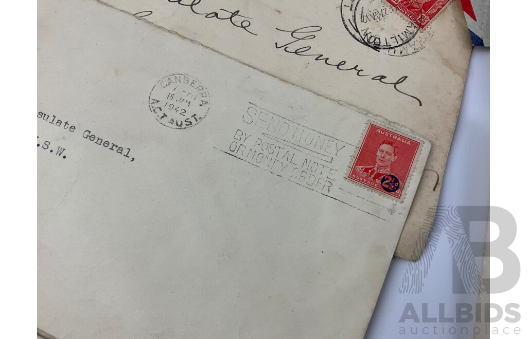 Collection of WW2 Letters Addressed to Consul General for USA, Includes Australia Overprint Stamps, Palestine, India, USA