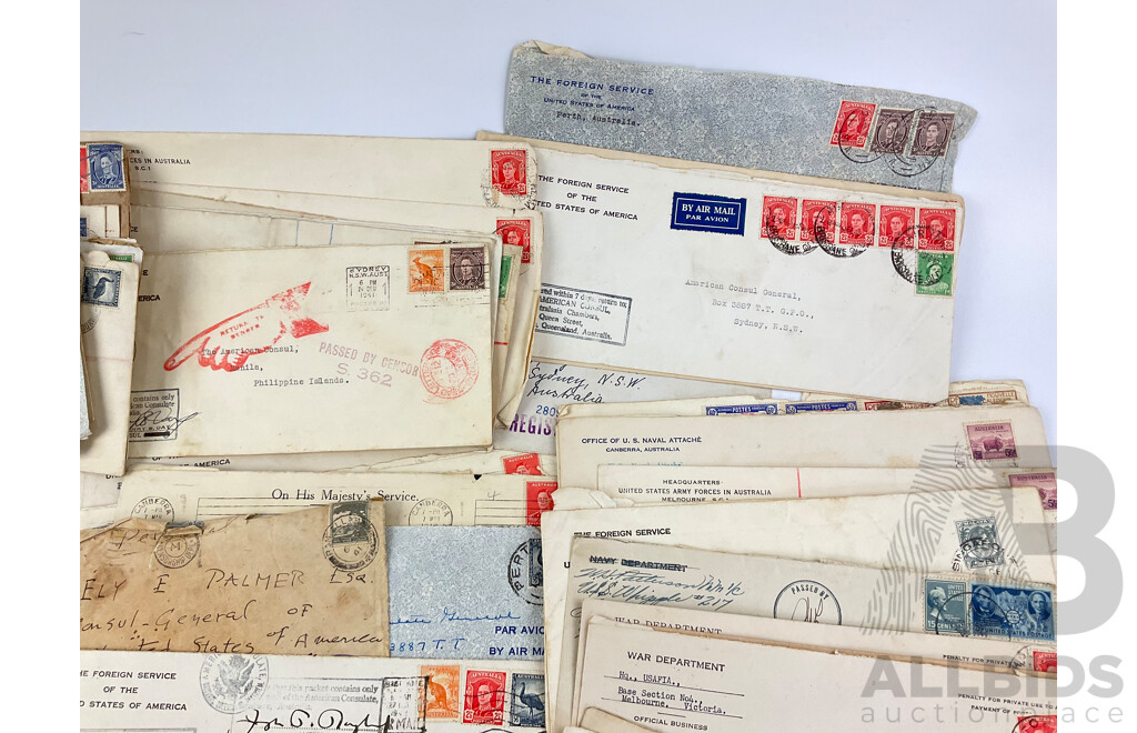 Collection of WW2 Letters Addressed to Consul General for USA, Includes Australia Overprint Stamps, Palestine, India, USA