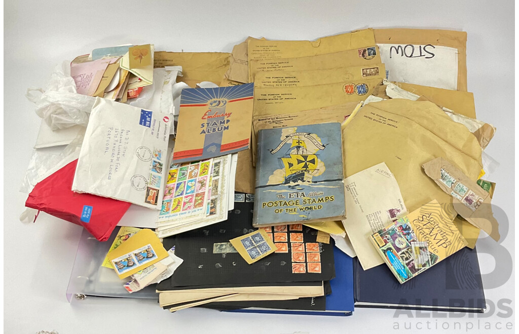 Collection of International Cancelled Stamp Albums and Loose Stamps Including Predecimal Australian and New Zealand, USA, ETA and Embassy Stamp Albums, Envelopes Addressed to Foreign Service of the USA and More