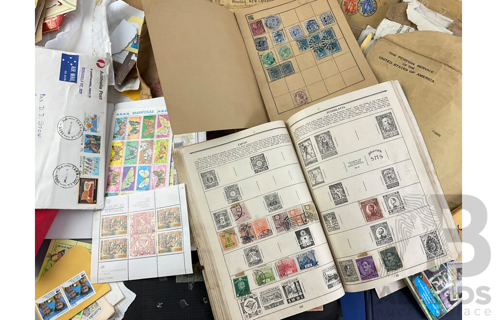 Collection of International Cancelled Stamp Albums and Loose Stamps Including Predecimal Australian and New Zealand, USA, ETA and Embassy Stamp Albums, Envelopes Addressed to Foreign Service of the USA and More