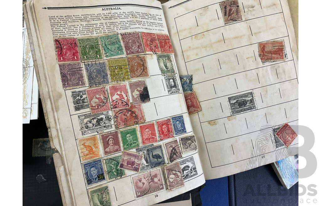 Collection of International Cancelled Stamp Albums and Loose Stamps Including Predecimal Australian and New Zealand, USA, ETA and Embassy Stamp Albums, Envelopes Addressed to Foreign Service of the USA and More