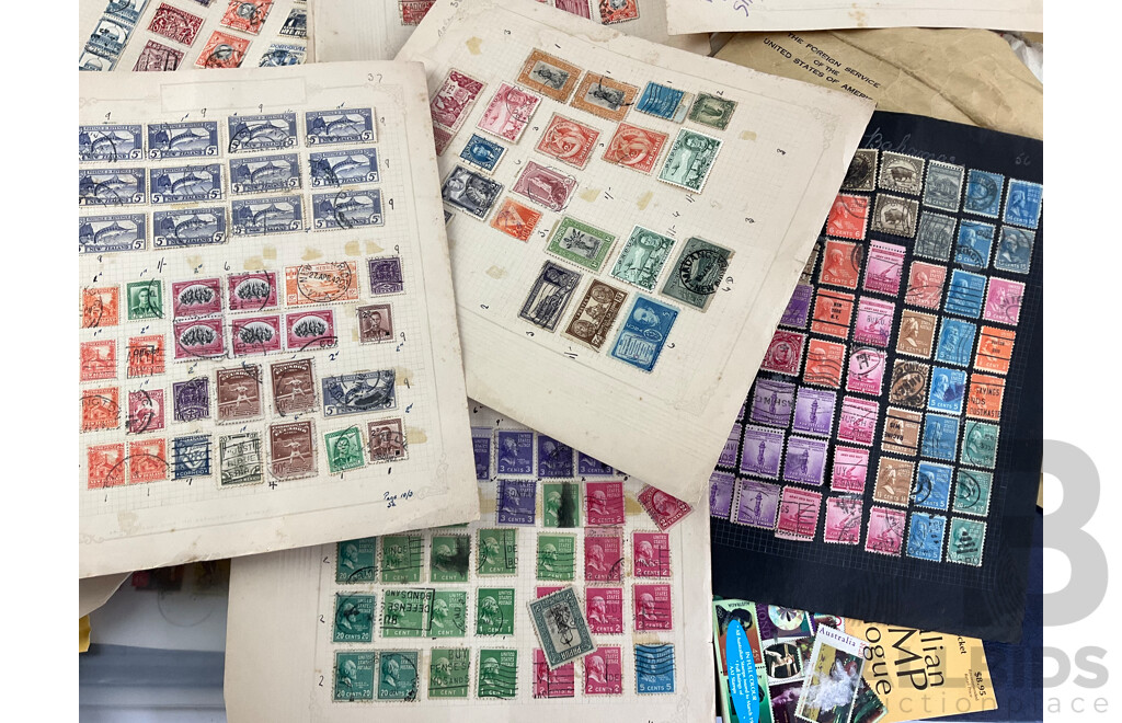 Collection of International Cancelled Stamp Albums and Loose Stamps Including Predecimal Australian and New Zealand, USA, ETA and Embassy Stamp Albums, Envelopes Addressed to Foreign Service of the USA and More