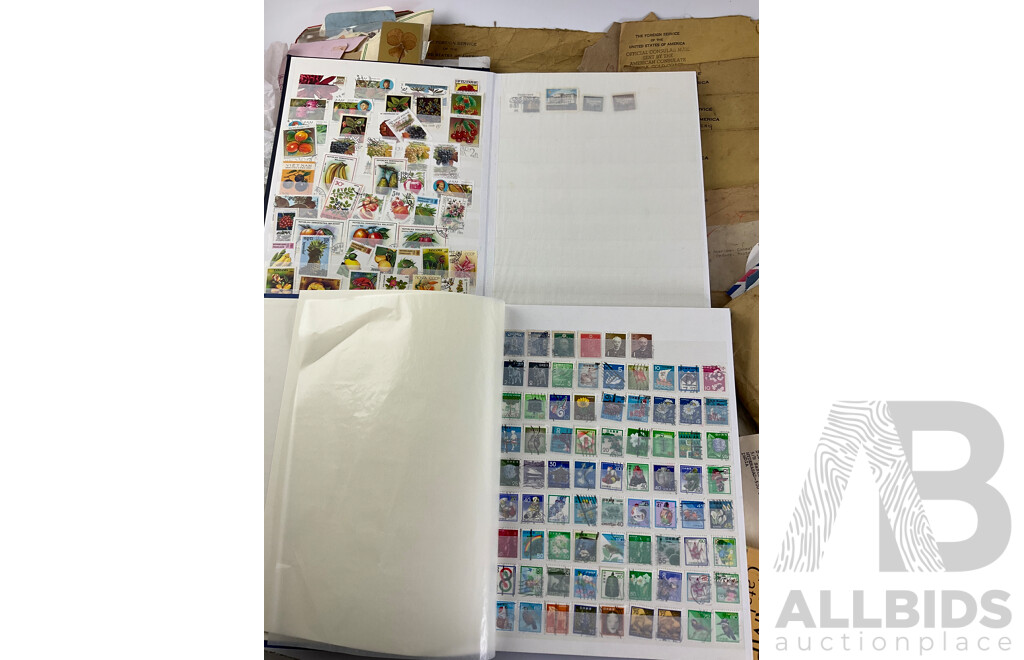 Collection of International Cancelled Stamp Albums and Loose Stamps Including Predecimal Australian and New Zealand, USA, ETA and Embassy Stamp Albums, Envelopes Addressed to Foreign Service of the USA and More