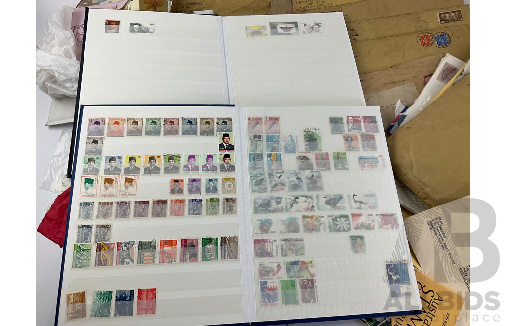 Collection of International Cancelled Stamp Albums and Loose Stamps Including Predecimal Australian and New Zealand, USA, ETA and Embassy Stamp Albums, Envelopes Addressed to Foreign Service of the USA and More