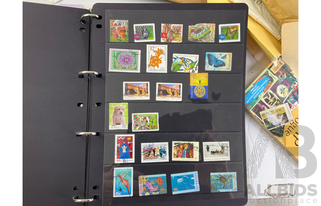 Collection of International Cancelled Stamp Albums and Loose Stamps Including Predecimal Australian and New Zealand, USA, ETA and Embassy Stamp Albums, Envelopes Addressed to Foreign Service of the USA and More