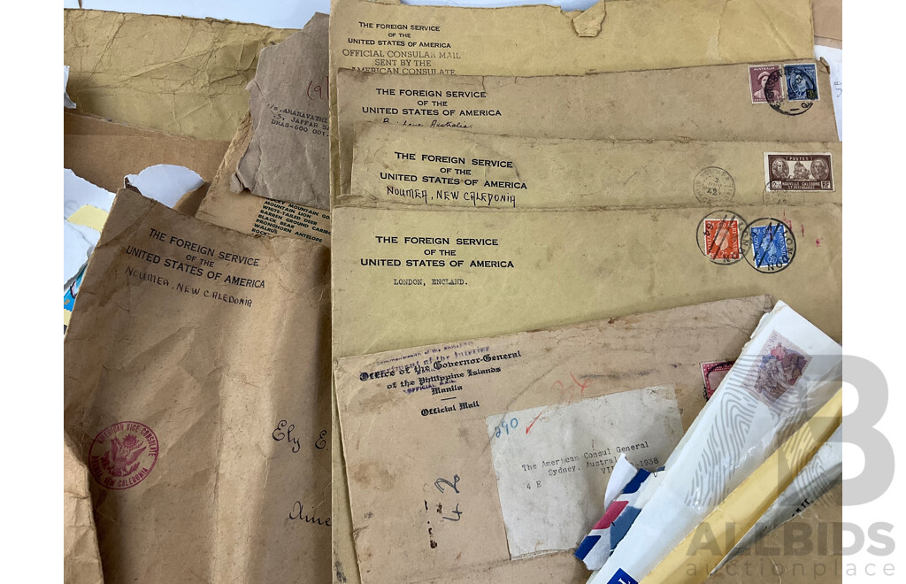 Collection of International Cancelled Stamp Albums and Loose Stamps Including Predecimal Australian and New Zealand, USA, ETA and Embassy Stamp Albums, Envelopes Addressed to Foreign Service of the USA and More