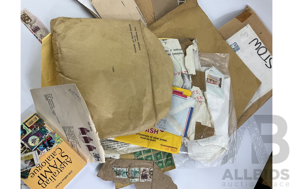 Collection of International Cancelled Stamp Albums and Loose Stamps Including Predecimal Australian and New Zealand, USA, ETA and Embassy Stamp Albums, Envelopes Addressed to Foreign Service of the USA and More