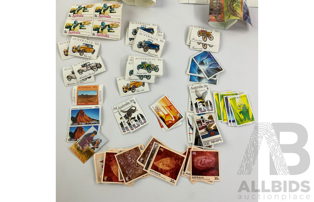 Collection of Australian Mini Sheets and Strips with Mint Single Stamps Including 1984 Veteran and Vintage Cars, 1988 Bicentennial and More