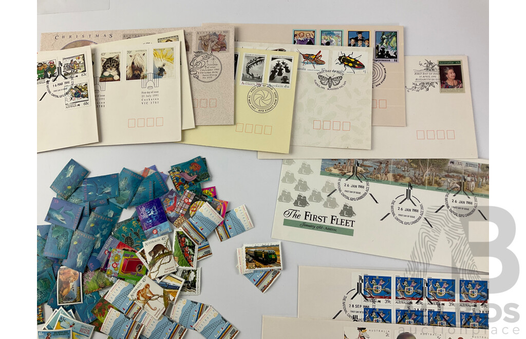 Collection of Australian 1990's Mint Stamps Including 'The Ghan' Rock and Roll Series, Flat Back Turtle and More with 1980's First Day Covers - Face Value Over $45