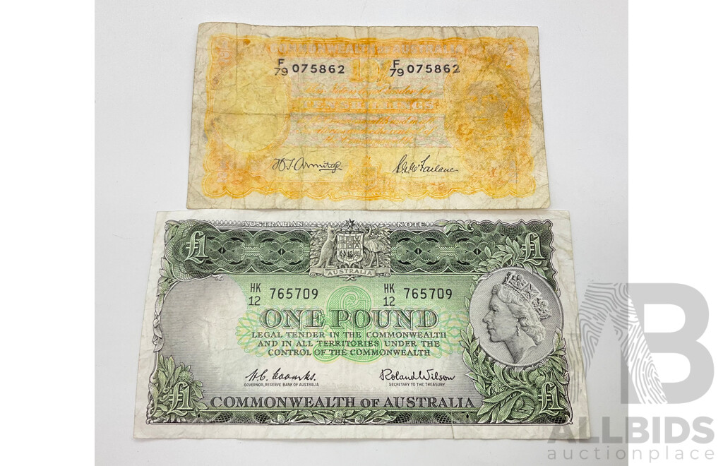 Australian One Pound Note Coombs/Wilson HK 12 with Ten Shilling Note Armitage/Mcfarlane F79 (Water Damage)