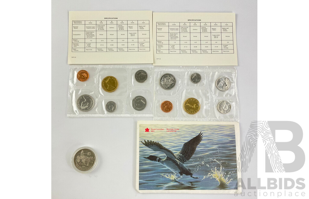 Two Canadian 1989 UNC Coin Sets with 1977 Jubalee Red River Dollar