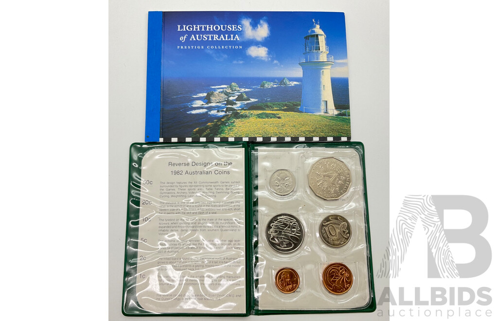 Australian 1982 Commonwealth Games UNC Coin Set with Light Houses of Australia Stamp Booklet