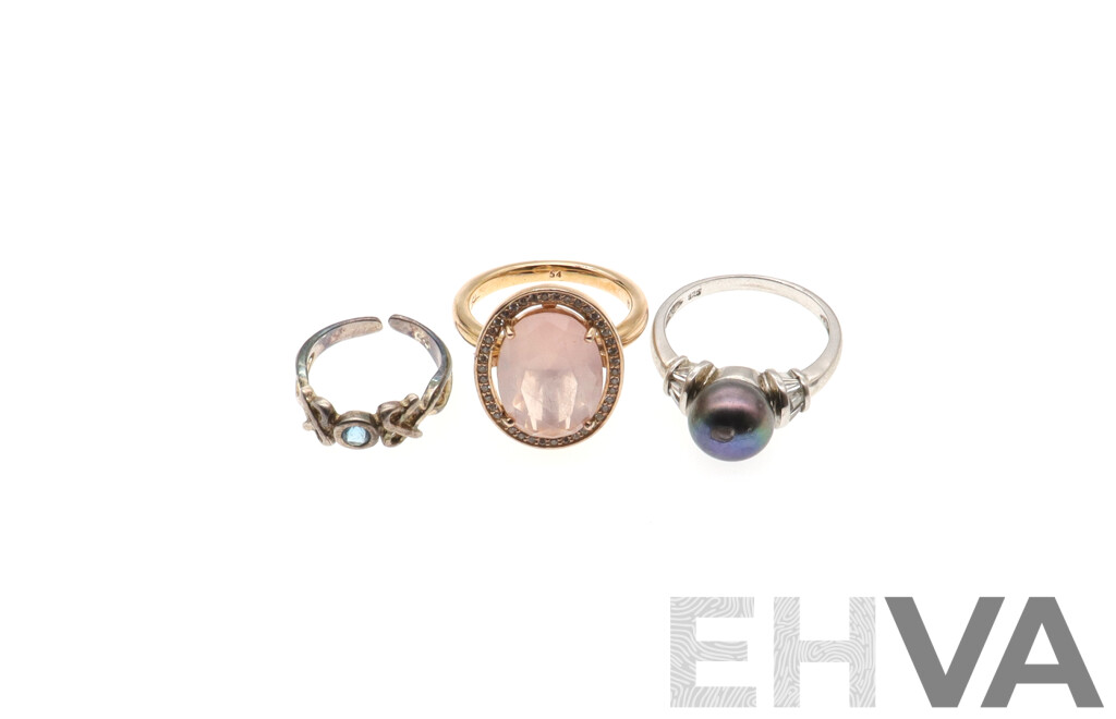 Thomas Sabo Cocktail Ring Pink Maharani, Size N, 925 with Prouds SS FW Pearl Ring and Goldmark SS Topaz Toe Ring, 10.95 Grams