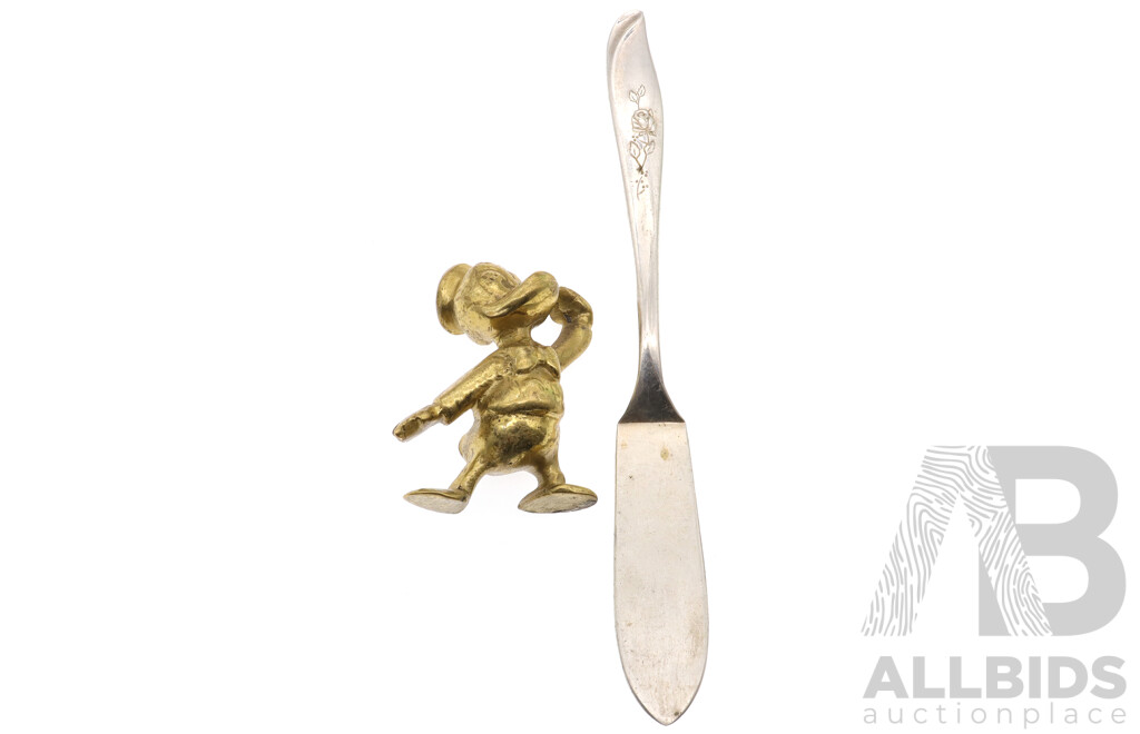 Vintage Brass Donald Duck Sculpture 60mm with Supreme Silver Plate Pate Knife