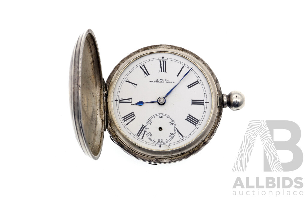 Sterling Silver 1890 a W Co. Waltham Mars Full Hunter Pocket Watch 418152, Casing Weight 54.26 Grams