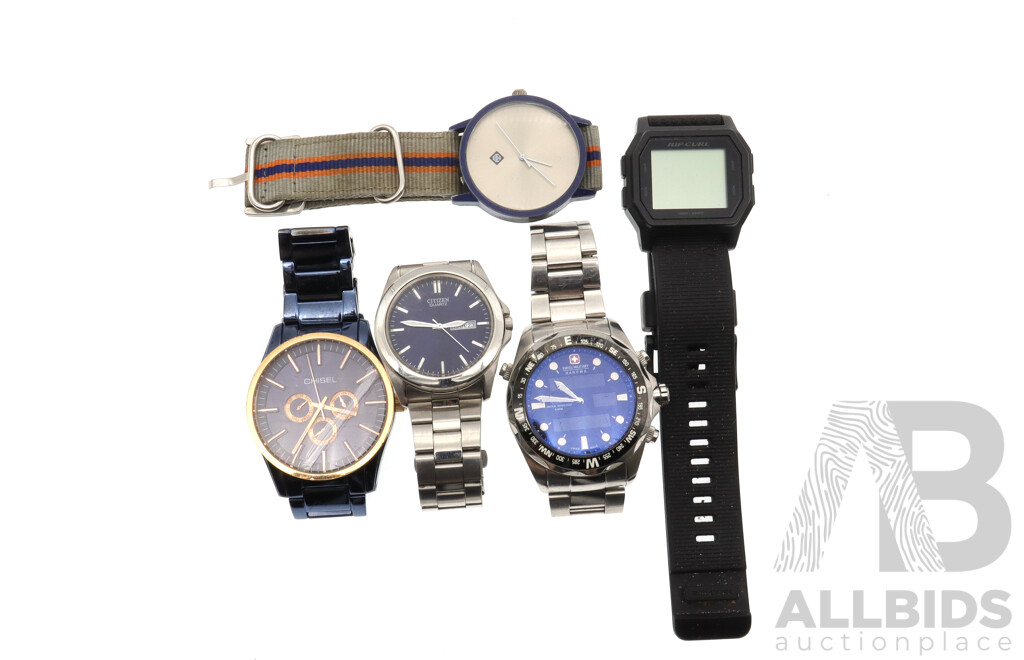 Collection of (5) Mens Watches Including Swiss Military Hanowa, Chisel, Ripcurl and Citizen