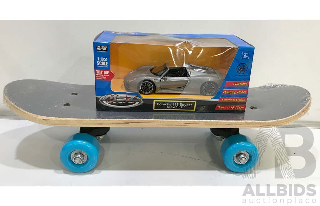 Metal Speed Zone Porsche 918 Spyder Model Car and Mini Skateboard - Lot of 2