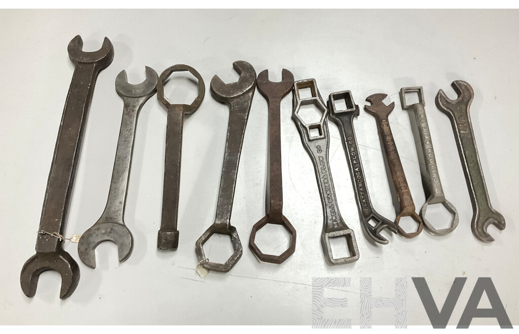 Collection of Large Imperial/Whitworth Spanners Including Newell Sanders Plow Co, Chattanooga Plow Co, Sheldon Axle Co