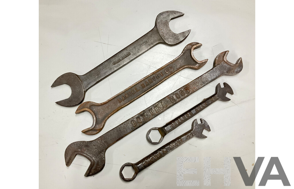 Two Daniel Harvey Box Hill Plough Spanners, Leyland Snail Brand Double End Spanner, Two Sheldon Axle Co Multi Spanners
